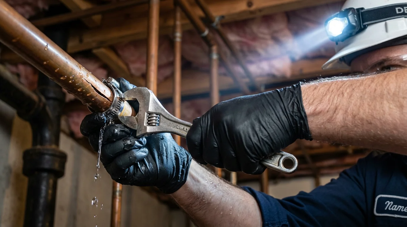 Emergency pipe clamp repair being performed by a Johns Plumbing LLC plumber in Waurika