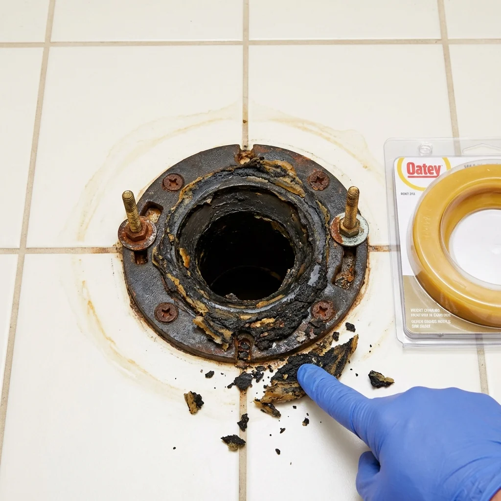 Failed wax ring showing water seepage at the base of a toilet in a Waurika, OK home