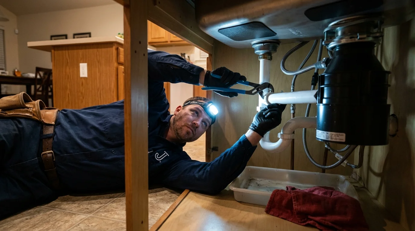P-trap and supply line connections under a kitchen sink showing a common leak point in Waurika, OK